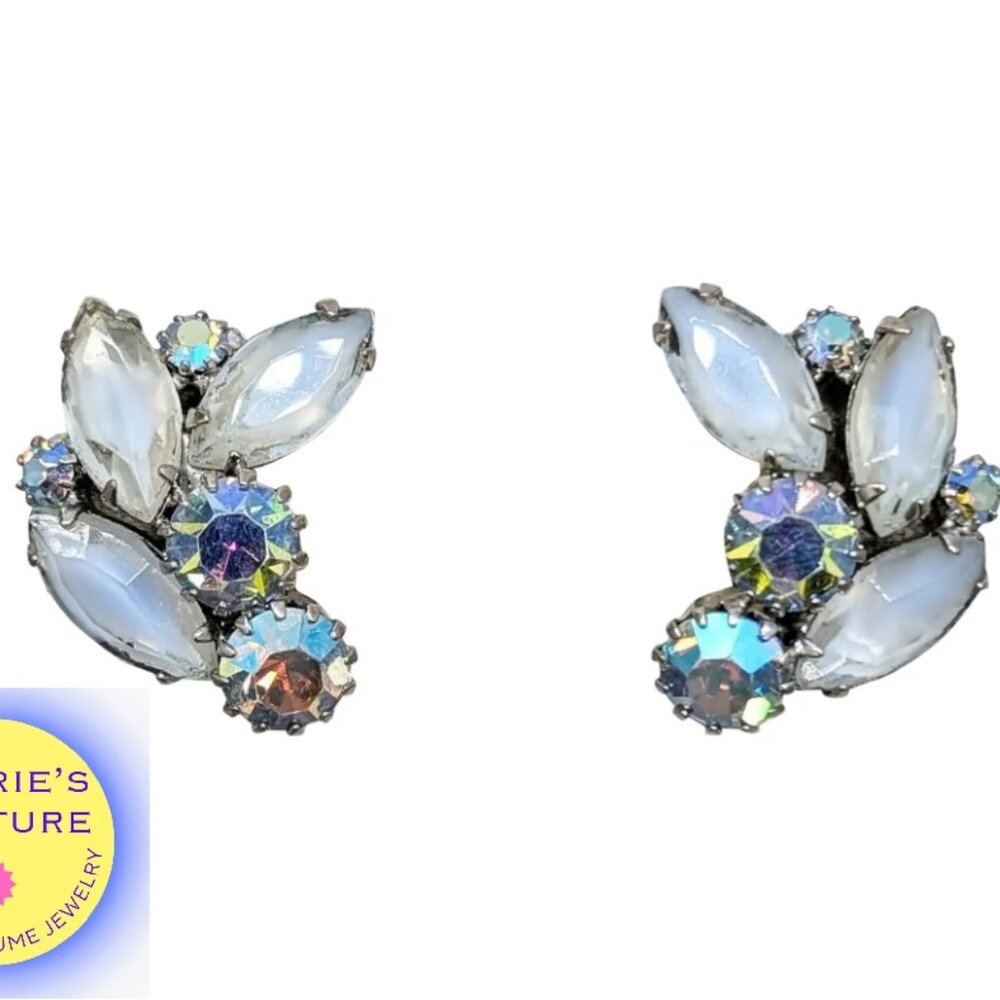 Vintage 1960s Signed Weiss Givre & Blue Aurora Borealis Clip Earrings